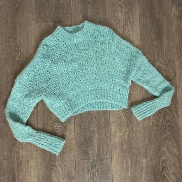 Aritzia Wilfred Lune Sweater Knit Cropped Crewneck Wool Oceanic Teal blue XS - Picture 2 of 14